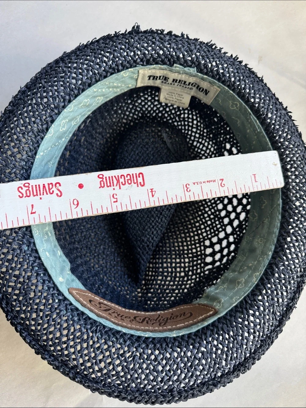 True Religion Fedora Straw Hat Mens S/M Navy blue banded paper Beach coastal